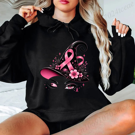 Breast Cancer Awareness Pink October Hoodies Pink Ribbon Witch Hat Halloween Design Graphic Sweatshirts Autumn Winter Hoody Gift