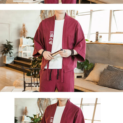 Set da due pezzi (camicia + pantaloni) camicia da uomo in cotone di lino con ricamo stile giapponese pantaloni larghi casual da uomo pantaloni Tai Chi Kungfu retrò