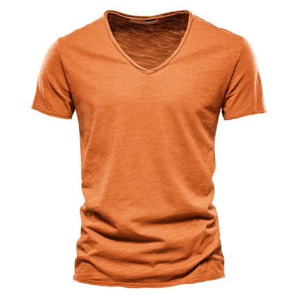 Men's 100% Cotton Branded Quality T-shirt V-Neck Fashion Design Slim Fit Solid Men's T-shirt Top Tees Short Sleeve T-shirt for Men