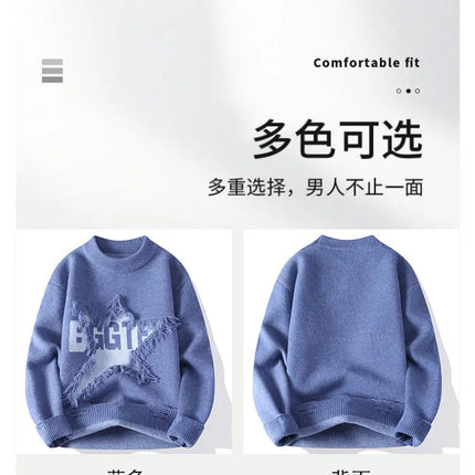 Edgy Star Fringe Knit Sweater – Distressed Lettering Crewneck for Men