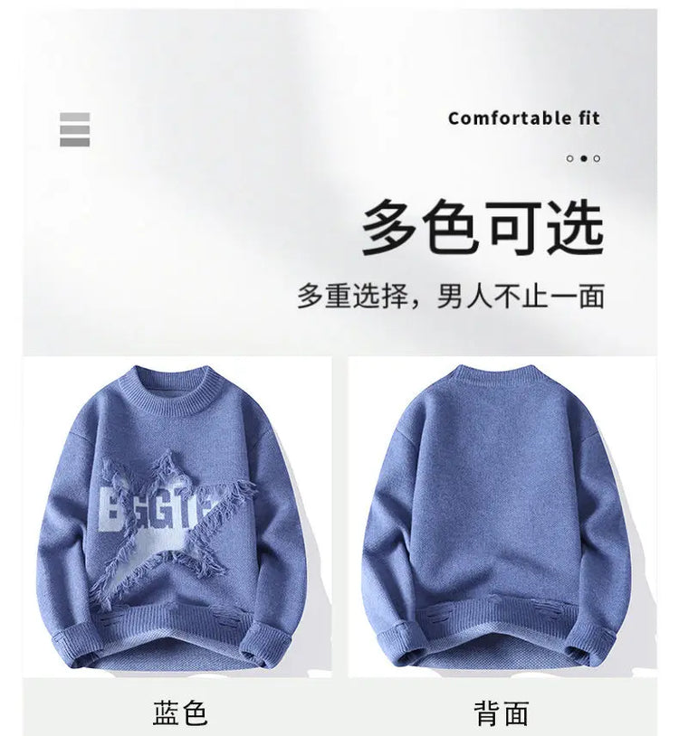 Edgy Star Fringe Knit Sweater – Distressed Lettering Crewneck for Men