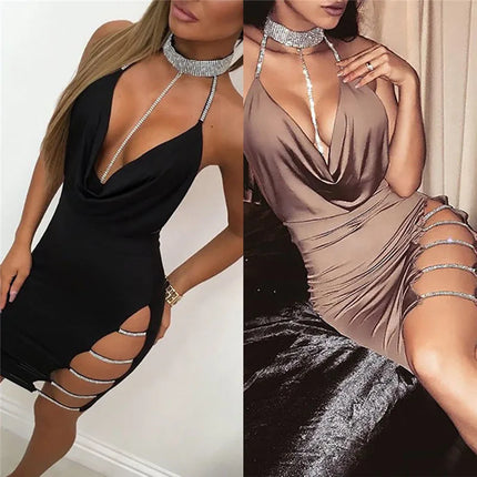 Sexy Deep V-Neck Low Cut Bodycon Dress with Side Slit and Silver Collar, Sleeveless Backless Elegant Mini Dress, Club Party Dresses