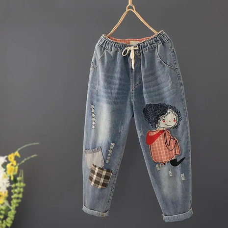 Primavera nuova corea moda Patch disegni cartone animato ricamo Jeans larghi da donna vita elastica pantaloni Casual in Denim di cotone Harem V987