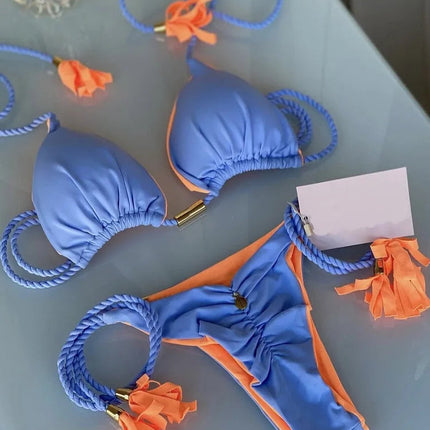 Costume da bagno sexy da donna in tinta unita, due pezzi, triangolare, con corda intrecciata, set bikini, costume da bagno da spiaggia, Biquinis brasiliani platinumshop