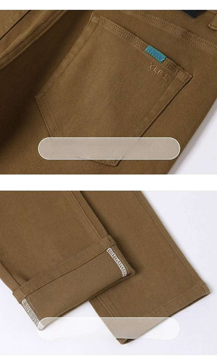 Men Straight Fit Jeans Autumn Elastic Soft Comfortable Solid Color Denim Pants Classic Fashion Casual Long Trousers Daily Wear