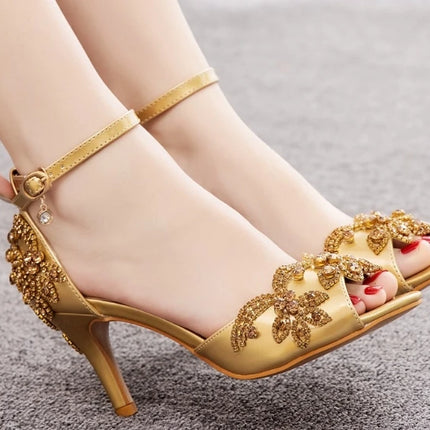 Sandalias de mujer de calidad femenina con diamantes de imitación de PU, tacón delgado de 7 cm, correa de hebilla, zapatos de vestir de estilo coreano para mujer, azul cielo maduro