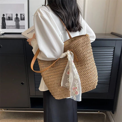 Large Capacity Summer Tote Bag, Women's Hand-Woven Shoulder Bag, Fresh Rural Style