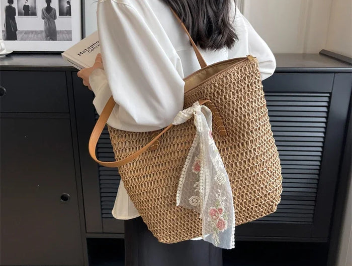Large Capacity Summer Tote Bag, Women's Hand-Woven Shoulder Bag, Fresh Rural Style