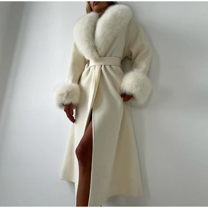 White Fur Patchwork Lace-up Overcoats Women's Street V-neck Full Sleeve Long Woolen Coat 2025 Winter New Ladies Thick Outwear