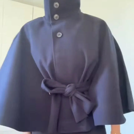 Women's Elegant Midi Cape Coat with Stand Collar Three Quarter Flared Sleeves Solid Color Belted Loose Fit Poncho For Woman