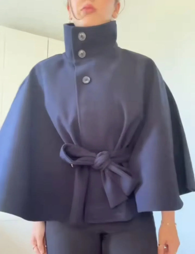 Women's Elegant Midi Cape Coat with Stand Collar Three Quarter Flared Sleeves Solid Color Belted Loose Fit Poncho For Woman