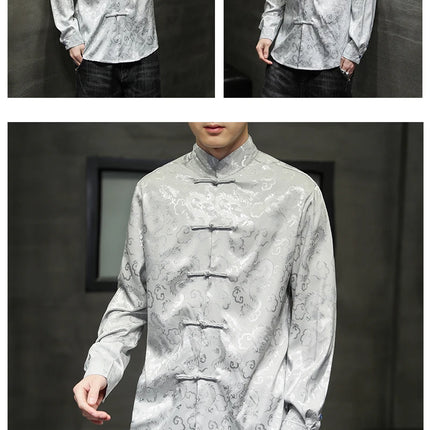 Giacca Tang di alta qualità da uomo camicetta con colletto alla coreana in argento elegante abbigliamento cinese rosso camicie Casual da uomo in raso di seta blu di grandi dimensioni