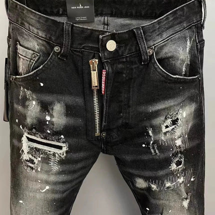 Light Luxury Washed Jeans Men's Trendy Brand Ruffian Handsome Black Ripped Patch Slim Fit Small Feet Casual Long Pants PlatiNum