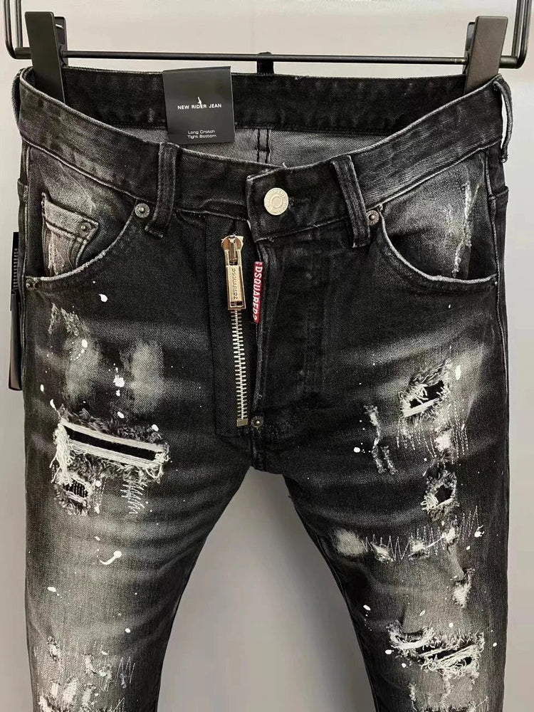 Light Luxury Washed Jeans Men's Trendy Brand Ruffian Handsome Black Ripped Patch Slim Fit Small Feet Casual Long Pants PlatiNum