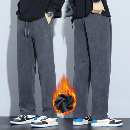 Coffee Khaki Black Gray Loose Casual Pants Men Winter Fleece Thermal Fashion Trousers Thick Velvet Straight Wide Leg Sweatpants
