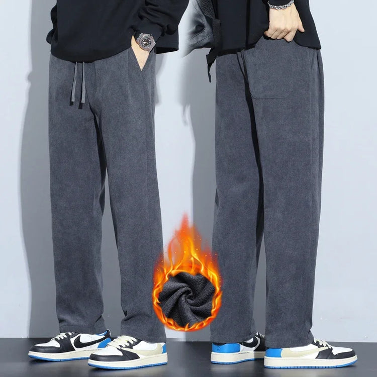 Coffee Khaki Black Gray Loose Casual Pants Men Winter Fleece Thermal Fashion Trousers Thick Velvet Straight Wide Leg Sweatpants