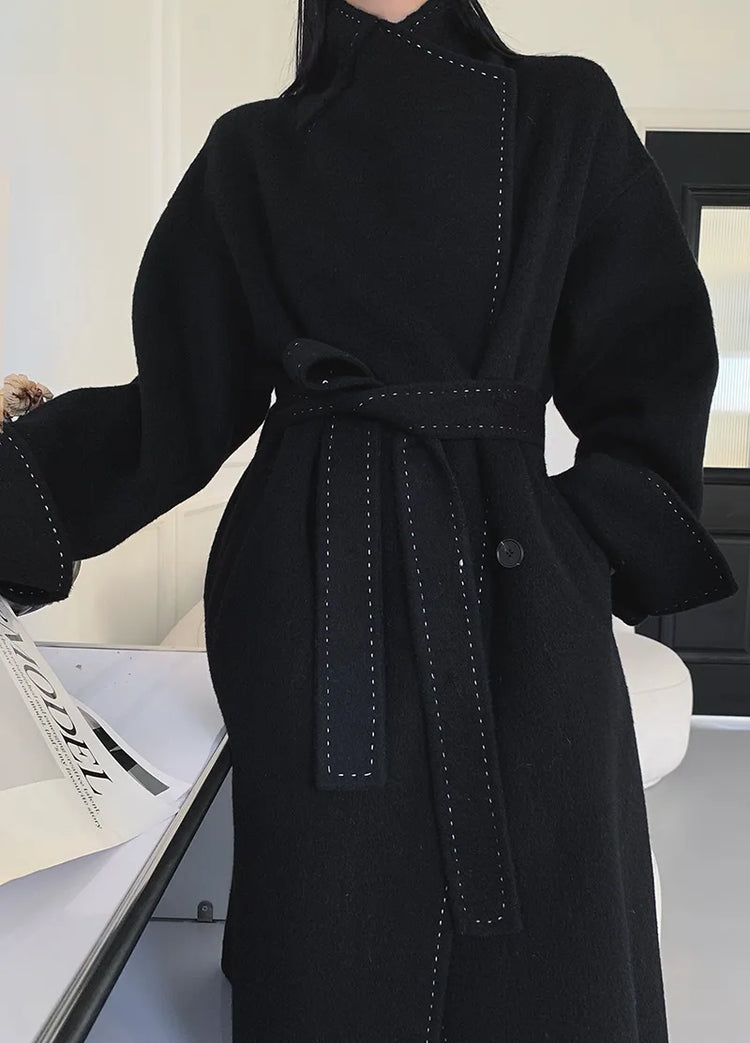 New Solid Korean Style Women Wool Coat Arch Needle Large Neck Versatile Fashion Texture Double Sided Trench Coats Female Winter
