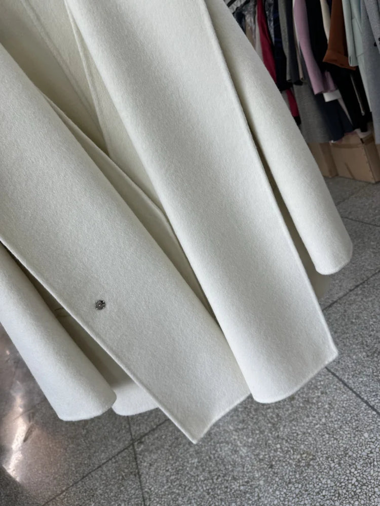 Scarf Collar 100%Wool Coat Women, Korean Fashion Elegant Outerwear, Loose Autumn Winter Jacket