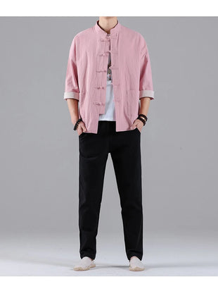 Camicie in Stile Cinese per Uomo, Top Tradizionale Tang in Lino a Mezza Manica, Camicia Kung Fu Hanfu Vintage Casual, Taglie Grandi fino a 5XL