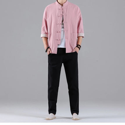 Camicie in Stile Cinese per Uomo, Top Tradizionale Tang in Lino a Mezza Manica, Camicia Kung Fu Hanfu Vintage Casual, Taglie Grandi fino a 5XL