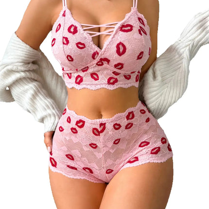 Women Sexy Lip Print Lingerie Set Hollow-out Lace Unlined Camisole Bra Thin Cup Wireless Sexy Bras and Sheer Panties