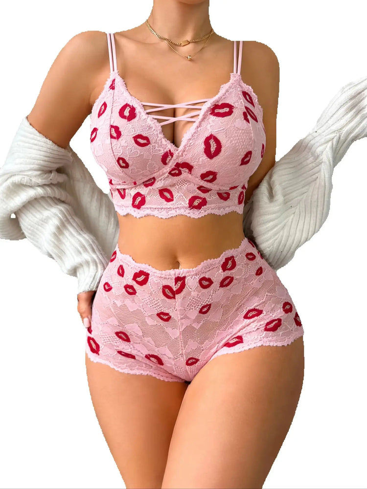 Women Sexy Lip Print Lingerie Set Hollow-out Lace Unlined Camisole Bra Thin Cup Wireless Sexy Bras and Sheer Panties