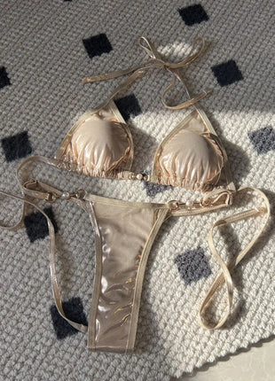Micro Bikini Rosa Lucido da Donna, Sexy con Perle in PU, Push-Up, Perizoma, Costume da Bagno Estivo, con Lacci, per Vacanze PlatiNum