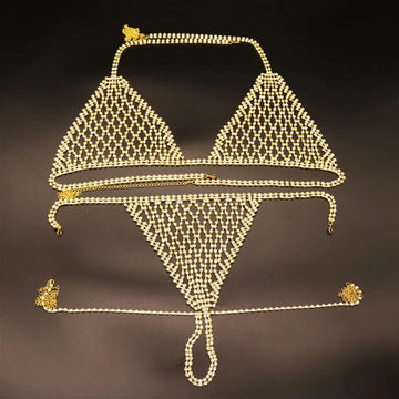 Women Rhinestone Bikini Set Sparkly Crystal Mesh Lingerie 2 Piece Halter Triangle Bra and Panty Club Party Outfit