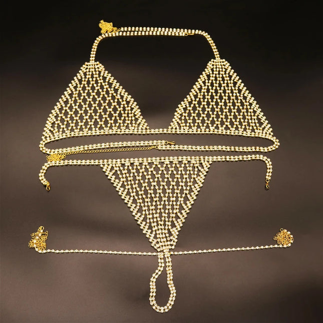 Women Rhinestone Bikini Set Sparkly Crystal Mesh Lingerie 2 Piece Halter Triangle Bra and Panty Club Party Outfit