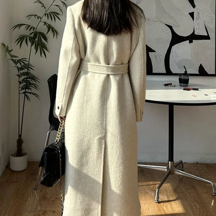 High-end White Thick Double-sided Wool Cashmere Coat Long Women Fashion Casual Loose Lapel Lace-up Woolen Jacket Autumn Winter