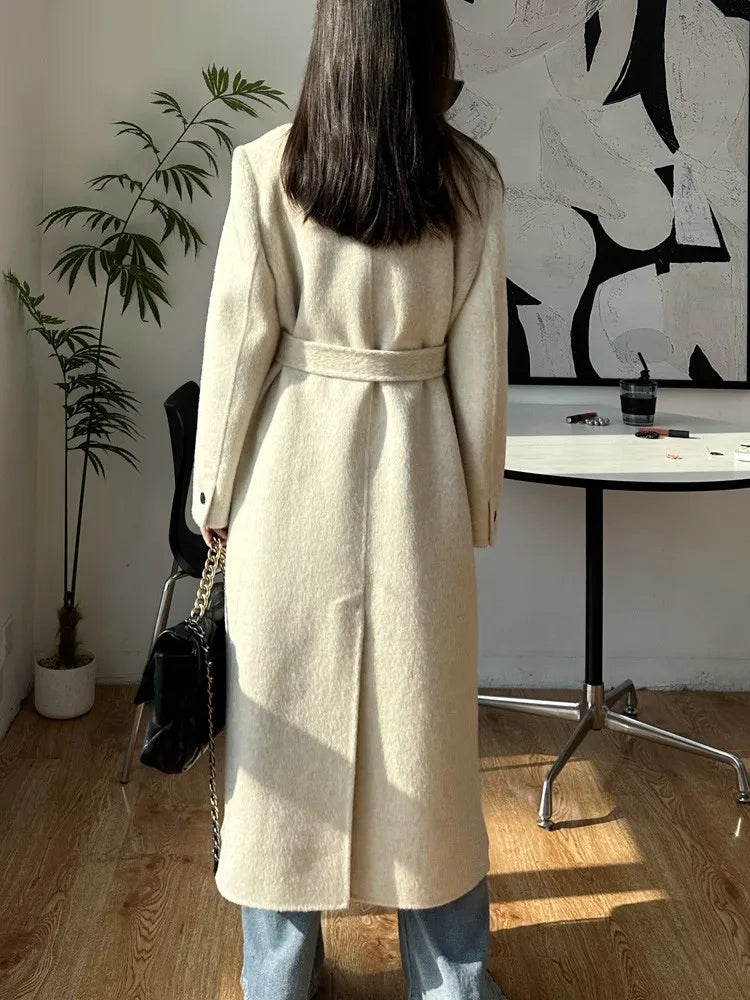 High-end White Thick Double-sided Wool Cashmere Coat Long Women Fashion Casual Loose Lapel Lace-up Woolen Jacket Autumn Winter