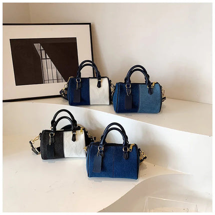 Patchwork Colorblock Mini Handbags For Women Denim Shoulder Cross Body Bags Casual Street Small Boston Bag 2025 Designer Purses PlatiNum