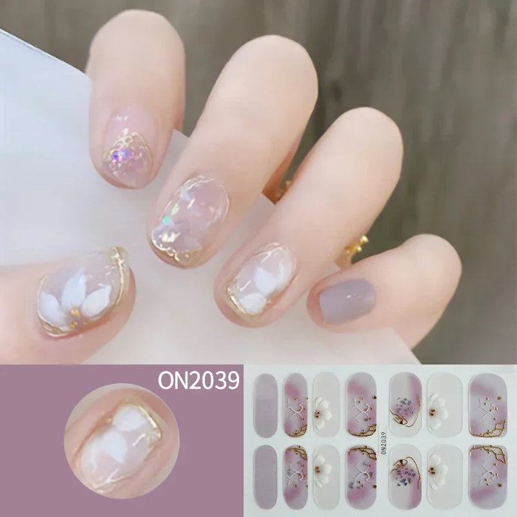 14Tips 3D Flowers Gradient Color Adhesive UV Gel Nail Stickers Fashionable Marble Pattern Nail Wraps DIY Manicure Arts Decals