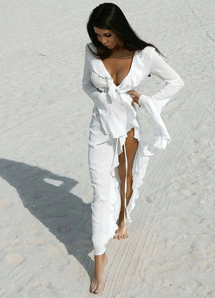 Copricostume estivo da spiaggia con scollo a V, bikini ampio con volant, protezione solare, grembiule, costume da bagno, manica lunga, copricostume per donna platinumshop
