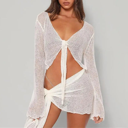 R7UF Costume da bagno da donna a maniche lunghe in rete trasparente 2 pezzi Copricostume da spiaggia Abito con fasciatura con platinumshop