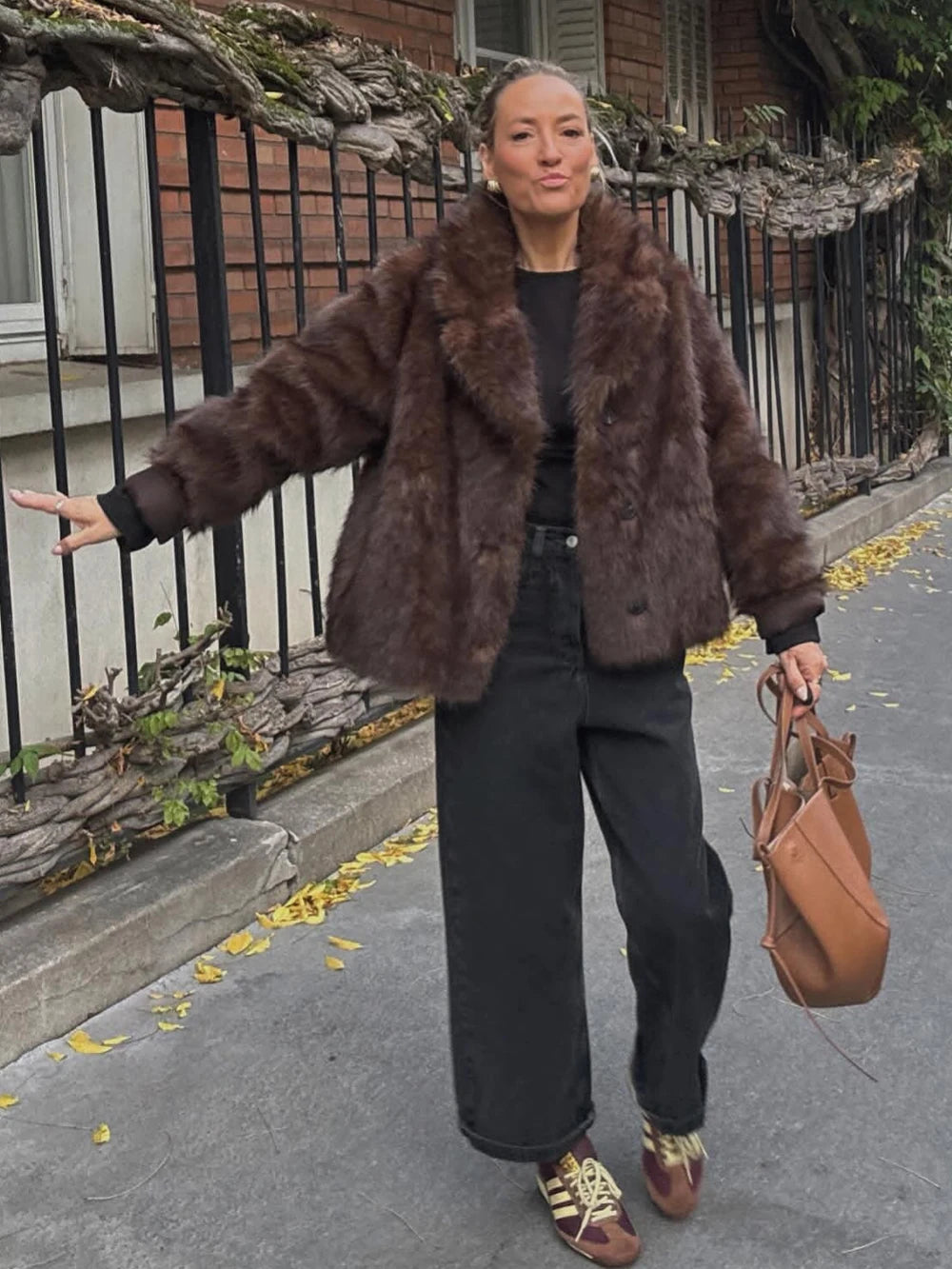 New in Reversible Double-faced Faux Fur Jacket for Women Stylish Lapel Collar Crossover Button-up Outwears Winter Brown Overcoat