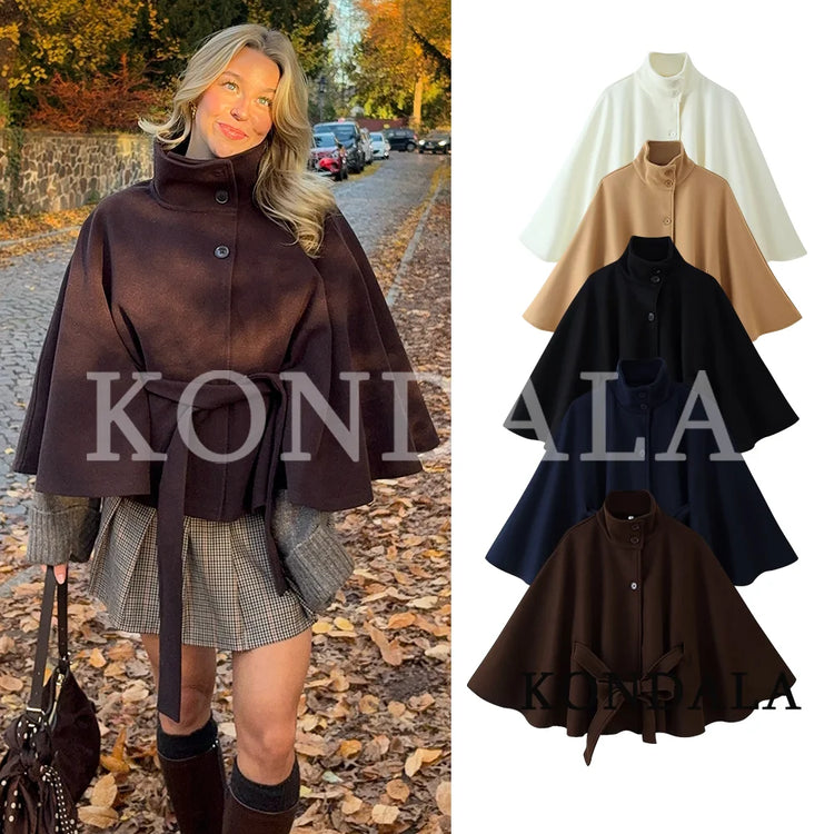 KONDALA Women Fall Casual Elegant Cloak Jacket Stand-Collar Soft Tweed Belt Jacket New 2026 Autumn Winter Trendy Cape Style Coat