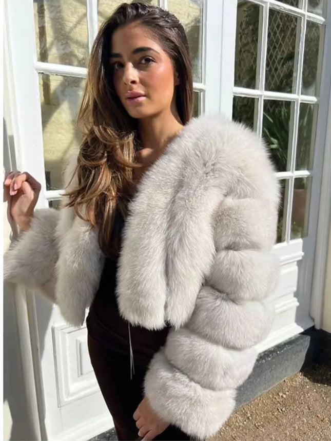 ZADORIN Luxury Cropped White Faux Fox Fur Coat Woman Clothing V Neck Long Sleeve Winter Fluffy Faux Fur Jacket Fur Coats Woman