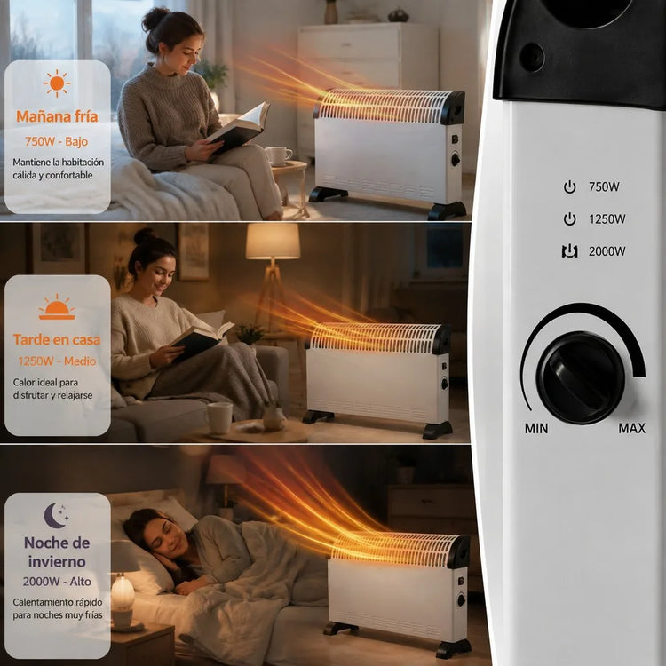 2000W Electric Convection Heater with Adjustable Thermostat and 3 Power Levels, Silent Low-Consumption Heater for Wall or Floor