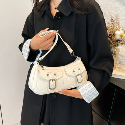 Fashion Pu Leather Women's Shoulder Bag Small Double Pocket Design Ladies Underarm Bags Y2k Vintage Female Handbags Clutch Purse PlatiNum