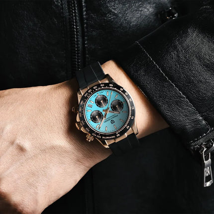 Nuovo Orologio da Uomo PAGANI DESIGN Cronografo di Lusso in Oro Rosa, Quadrante Blu Ghiaccio 40mm, Vetro Zaffiro, Impermeabile 100M, Cinturino in Gomma, Orologio Sportivo Maschile + CONFEZIONE REGALO