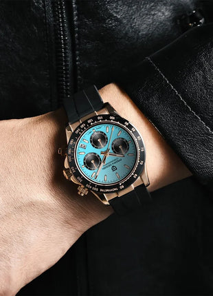 PAGANI DESIGN Cronografo da uomo Orologio da polso al quarzo di lusso in oro rosa 40mm Quadrante blu ghiaccio Vetro zaffiro 100M Impermeabile Cinturino in caucciù Orologio sportivo da uomo per uomo Reloj Hombre+GIFT BOX