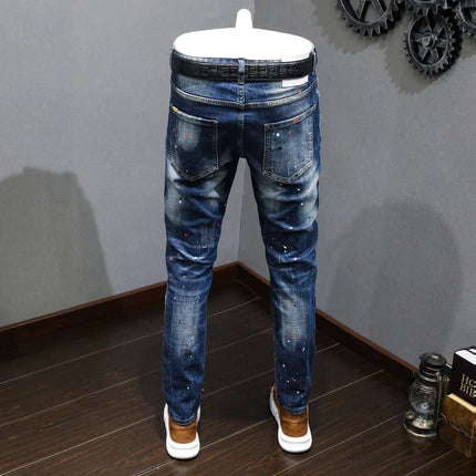 Fashion Designer Men Jeans Retro Blue Stretch Slim Fit Painted Ripped Jeans Men Korean Style Vintage Casual Denim Pants Hombre PlatiNum