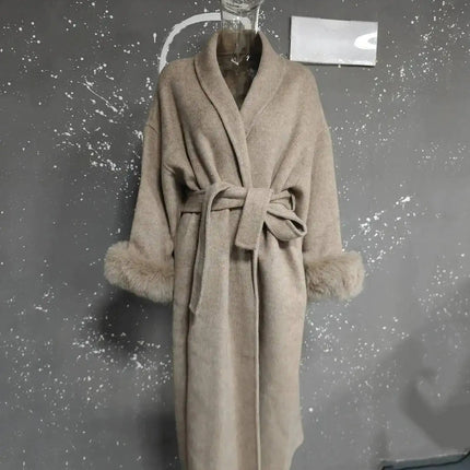 UCXQ Elegant OL Office Lady Overcoats Fur Patchwork Long Sleeve Woolen Coat Beautiful Women's Clothing Jacket Autumn 2025 Winter