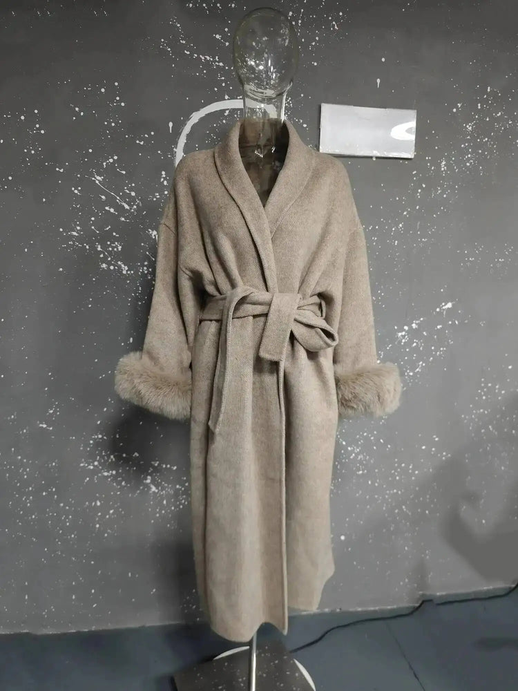 UCXQ Elegant OL Office Lady Overcoats Fur Patchwork Long Sleeve Woolen Coat Beautiful Women's Clothing Jacket Autumn 2025 Winter
