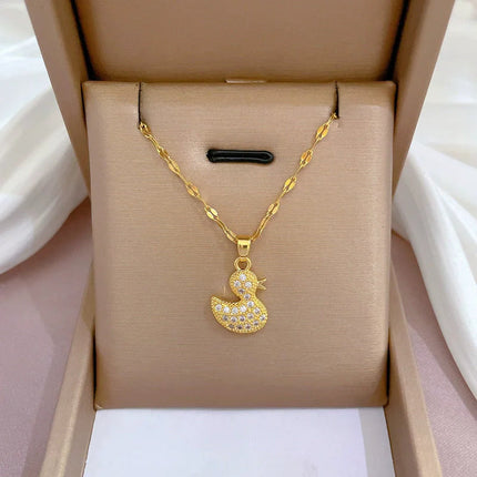 EILIECK 316L Stainless Steel Shine Cubic Zirconia Swan Pendant Necklace Gold Color Texture Metal Personalized Jewelry Neck Chain PlatiNum