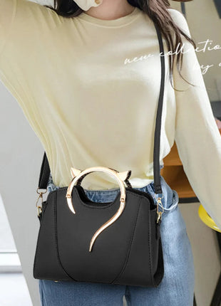 Cat Shaped Handle Women Handbag Trendy And Fashionable, Solid Color, Simple And Casual Crossbody Shoulder Shell Bag PlatiNum