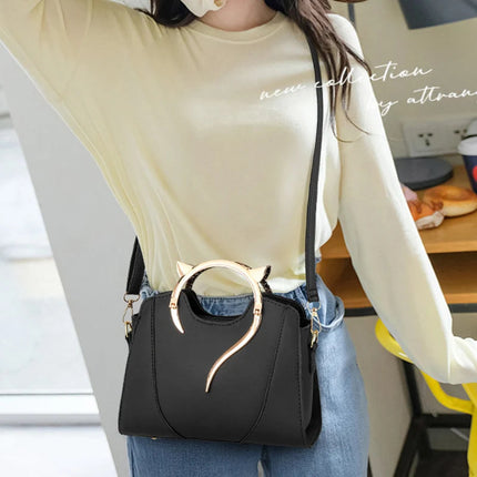Cat Shaped Handle Women Handbag Trendy And Fashionable, Solid Color, Simple And Casual Crossbody Shoulder Shell Bag PlatiNum