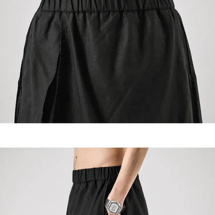 Pantaloni da uomo irregolari in cotone e lino, stile Harajuku, a gamba larga, tinta unita, casual, con elastico in vita, vestibilità ampia, stile punk