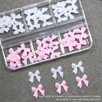30Pcs/box 3D White & Pink Bows Nail Art Charms 6gird Cute Bowknots Ribbon Nail Rhinestones Resin Bowtie Manicure Decoration #R5!